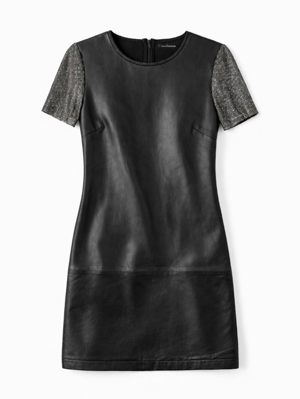 Nicole Miller Leather Mini Dress Chainmail Sleeve Black Shift Edgy Cocktail